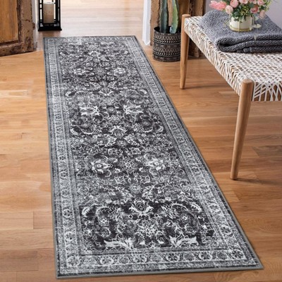 Faux Wool Vintage Distressed Floral Printed Area Rug  Ultra Thin Machine Washable Non Slip Stain Resistant Non Shedding Pet Friendly Floor Rug
