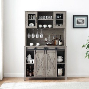 70'' Coffee Bar Cabinet - Farmhouse Wine Bar Cabinet with Storage Shelves 6-Bottle Wine Rack & 12 Stemware Slots Sliding Barn Doors Buffet Cabine - 1 of 4