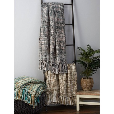 Gray Cotton Reversible Throw Blanket with Fringe