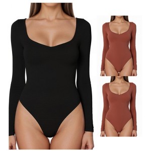 INSPIRE CHIC Women's Bodysuit Long Sleeve Regular Fit V Neck Tummy Control Brief Shapewear 3 Packs - 1 of 4