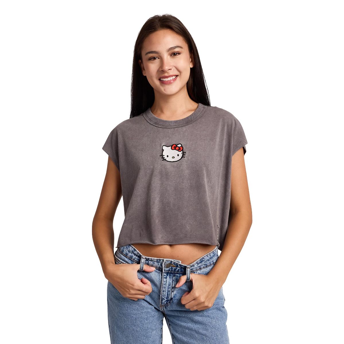 Hello Kitty Embroidered Character Face Women's Black Ram Hem Cropped Tank - thumbnail 7