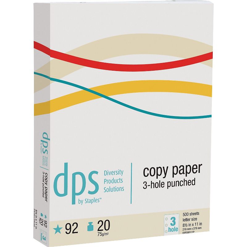 DPS by Staples Virgin 3 Hole Punch Paper LETTER-Size 20 lb. 8 1/2"H x 11"W 500/RM DPS08511P, 1 of 2
