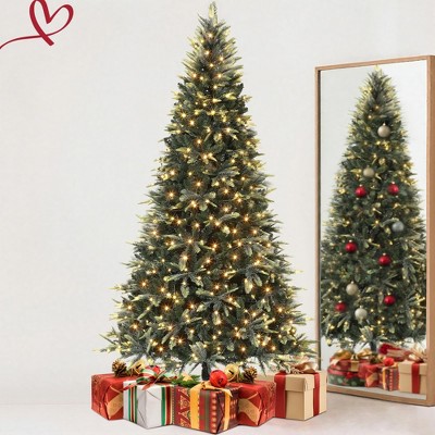 6 FT/7.5 FT/9 FT Snow Flocked Christmas Tree with 450 Warm Lights-8 Modes Prelit Christmas Trees with Pine Cone & Gloves