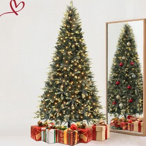 6 FT/7.5 FT/9 FT Snow Flocked Christmas Tree with 450 Warm Lights-8 Modes Prelit Christmas Trees with Pine Cone & Gloves - 1 of 4