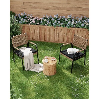 Patio Rattan Chairs Set of 2, 2 Piece Outdoor Dining Chairs with Cushions for All Weather, Armchair with Armrests, Metal Frame for Patio