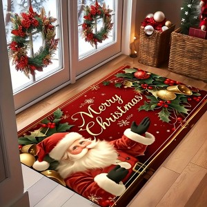 Lomsoe 1pc Rectangular Christmas Door Mat With Santa Claus Golden Lettering Red Golden Plush Indoor Entry Mat, Christmas Gift. - 1 of 4