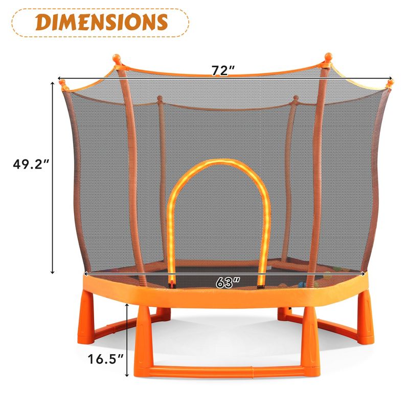 6 FT Toddlers Trampoline with Safety Enclosure Net and Ocean Balls, Orange - ModernLuxe, 2 of 12