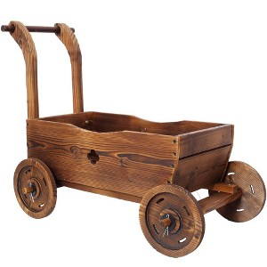 TUYOHW Wooden Wagon Planter Box with Wheels & Handle,Mobile Rustic Flower Cart with Drain Holes for Patio Garden Balcony Decor,Brown - 1 of 4