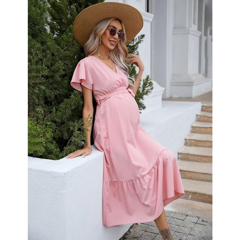Women's Maternity V Neck Wrap Maxi Summer Dress Short Sleeve Boho Casual Nursing Dress Baby Shower Photoshoot Belt, 5 of 8
