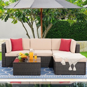 Celebalcony 5 Piece Patio Conversation Set All Weather Wicker Rattan Patio Sofa Outdoor Sectional Seating Group With Cushions - 1 of 4