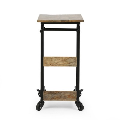 Amlin Adjustable Height Natural Mango Wood and Black Metal C-Shaped Side Table
