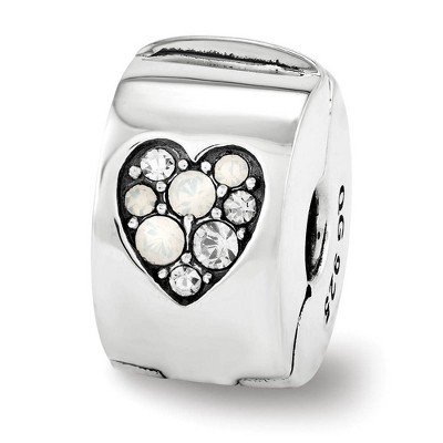 Black Bow Jewelry Sterling Silver Hinged Heart Clip Bead Charm with White Crystals