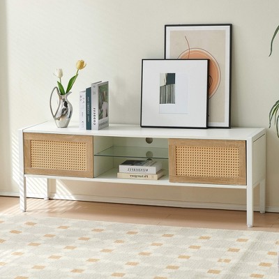 ORRD 54.33" White Rattan TV Cabinet with RGB Light Strip, Double Sliding Doors, Adjustable Shelf, Metal Legs, Modern Living Room Console