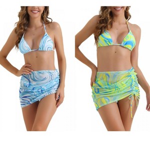 INSPIRE CHIC Women's Halter Contrast Color Tie Back Triangle Bottoms Bathing Bikini Suits 2 Sets - 1 of 4