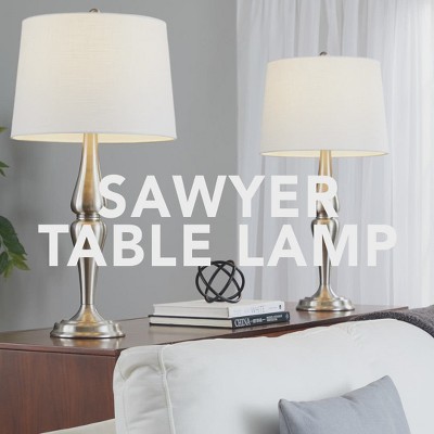25.5" Brushed Nickel Table Lamp Set with White Linen Shade and USB