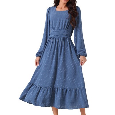 Seta T Women's Swiss Dot Long Sleeve Square Neck A-Line Tiered Boho Long Dress with Pockets