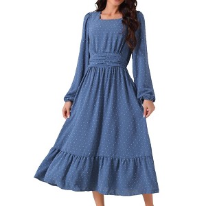 Seta T Women's Swiss Dot Long Sleeve Square Neck A-Line Tiered Boho Long Dress with Pockets - 1 of 4