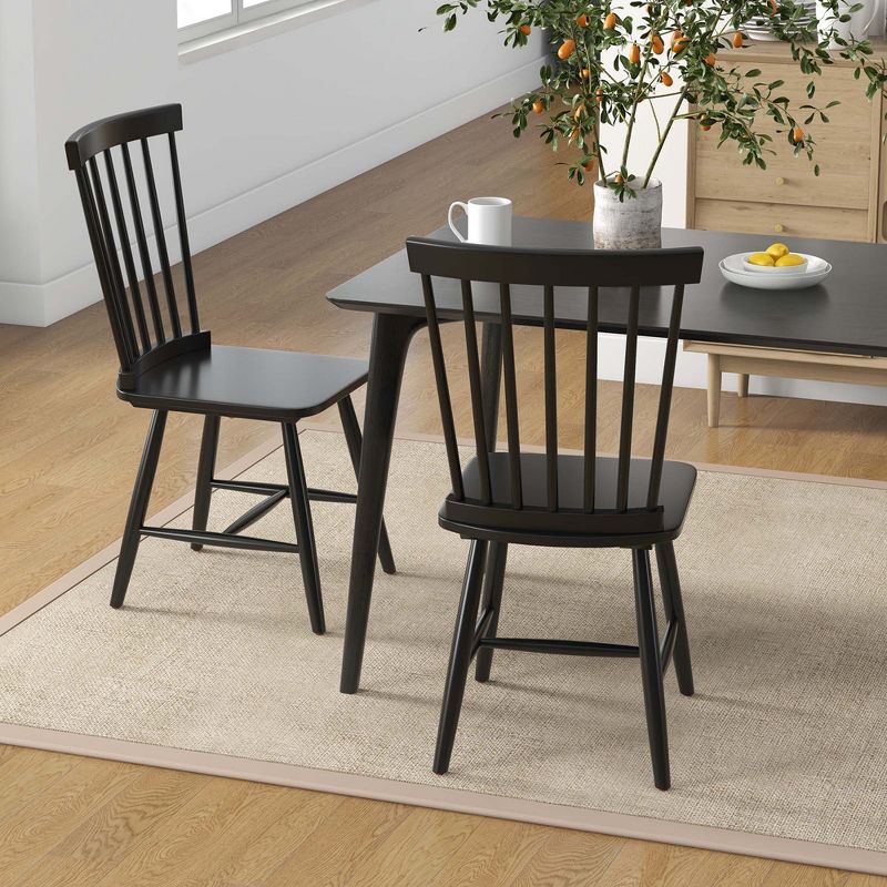 Costway Windsor Dining Chairs Set of 2 Armless Spindle Back Solid Rubber Wood Black/Natural, 2 of 10