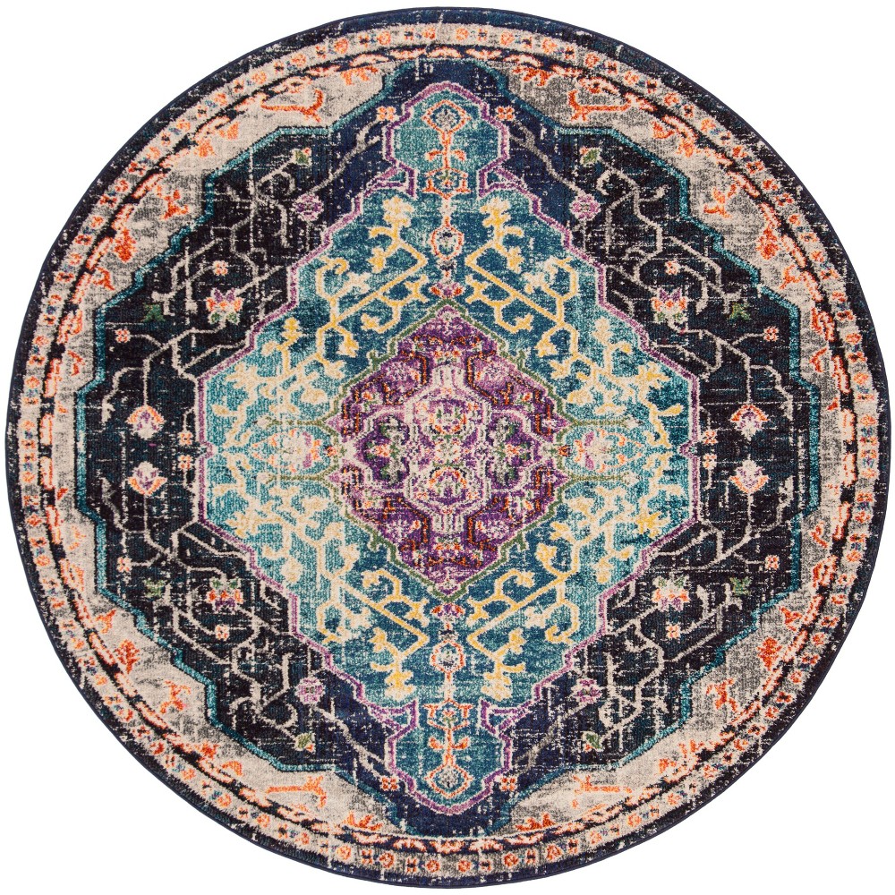 6'7inx6'7in Floral Loomed Round Area Rug Black/Blue - Safavieh