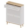 PDTEND White Freestanding Narrow Shoe Cabinet with 2 Flip-Up Doors & Drawers with Natural Wood Legs - 3 of 4