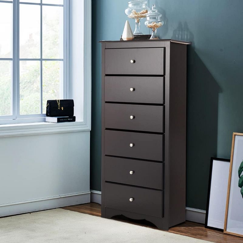 Tangkula 6 Drawers Dresser 53.5" Tall Chest Standing Storage Cabinet with Metal Knobs Wooden Chest of Drawers Brown, 2 of 8