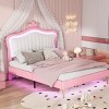 PU Upholstered Princess Bed with Crown Headboard and LED Lights, Adjustable Height Platform Bed for Kids Bedroom-Baofuwish - 2 of 4