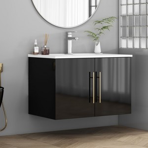 ORRD 30" Black Gloss Bathroom Vanity with Ceramic Sink, Double Soft-Close Doors & Gold Handle, Wall-Mounted Cabinet - 1 of 4