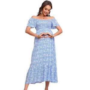 Maternity Square Neck Dress Flutter Sleeve Summer Smocked Midi Dress for Baby Shower Photoshoot - 1 of 4