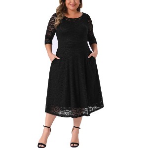 Agnes Orinda Women's Plus Size Floral Lace Round Neckline 3/4 Sleeves Midi A Line Dresses White - 1 of 4