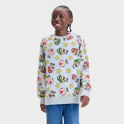 Boys' Super Mario Printed Fleece Crewneck Sweatshirt - Heather Gray