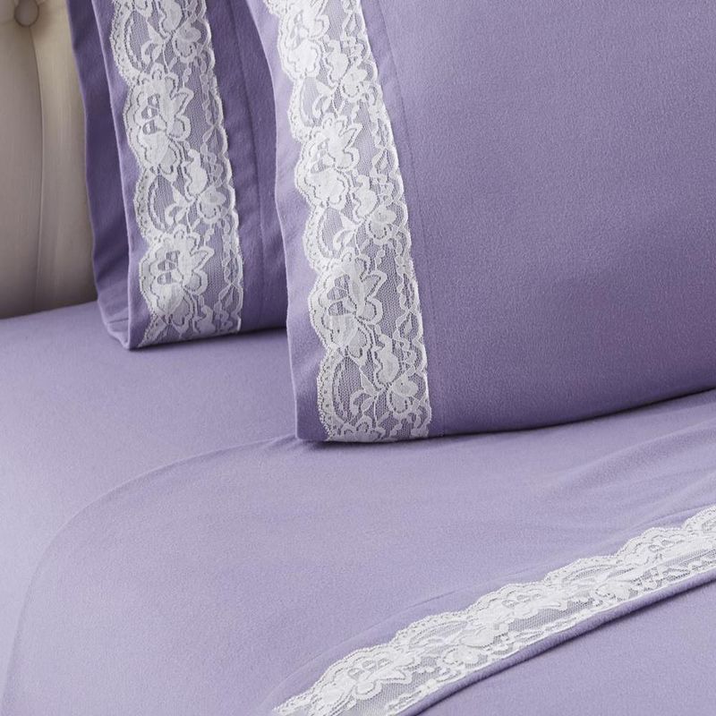Micro Flannel Shavel Durable & High Quality Luxurious Lace-Edged Sheet Set Including Flat Sheet, Fitted Sheet & Pillowcase, Cal King - Amethyst, 2 of 4