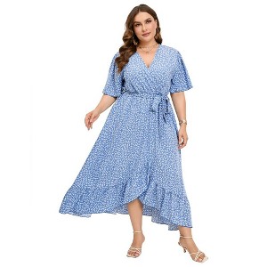 Plus Size dress Women's Plus Size Floral Summer Dress Casual Wrap V Neck A Line Ruffle Belted Dress - 1 of 4
