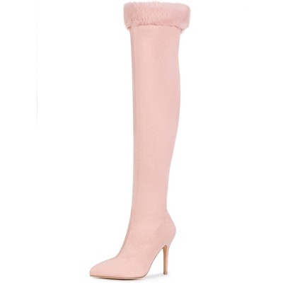 BLISSFUL STEP Women's Faux Fur High Heels Pointed Toe Fluffy Over the Knee High Boots