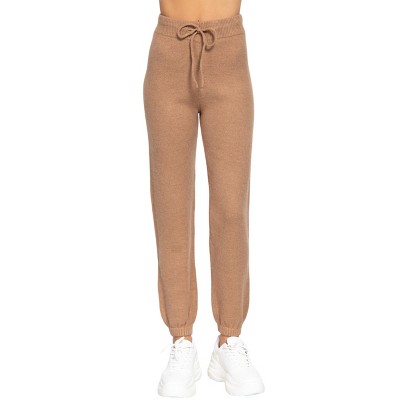 Slickblue Women's Drawstring Sweater Pants, Long Lounge Fit, Stretch Knit Bottoms, Camel/Raspberry Pink, Size S-L