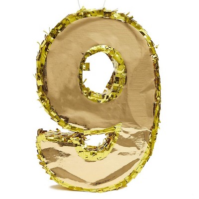 Number 9 Gold Foil Party Pinata for Ninth Birthday, Centerpiece Decoration, 15.5 X 11 X 3 inches