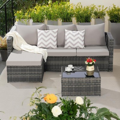 3-Pieces Outdoor Patio L-Shaped Sectional Sofa Set with Glass Coffee Table