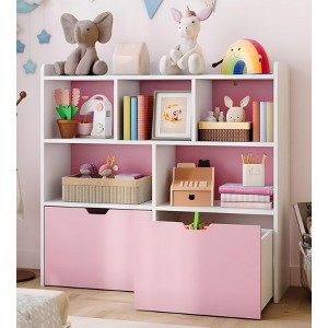 Toy Storage Organizer with Movable Drawers, Kids Bookshelf with Hidden Wheels and 5 Open Cubbies, Multifunctional Floor Storage Chest for Playroom - 1 of 4
