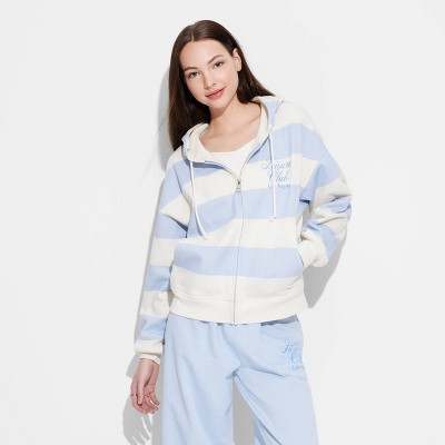 Women's Leisure Zip-Up Striped Graphic Hoodie Sweatshirt - Blue S