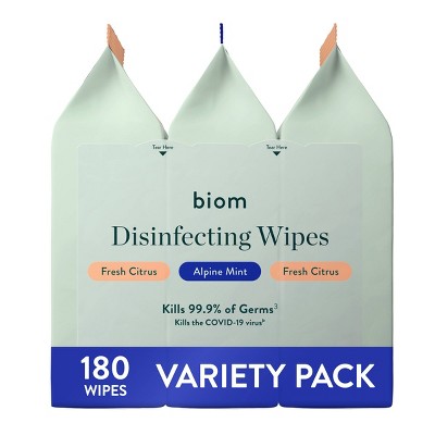 Biom Plastic Free Plant Based Disinfecting Wipes - Variety - 3pk/180ct: Ammonia-Free, Paraben-Free, Mint Scent