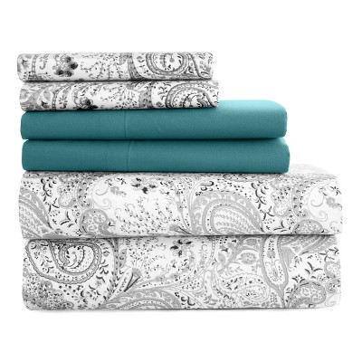 6 Piece Sheet Sets Paisley Printed Sheets Set Ultra Soft Deep Pocket Microfiber Bed Sheets - Lux Decor Collection