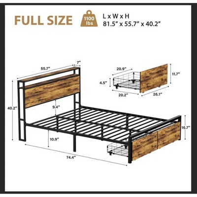 Full Size Dark Brown Wood and Metal Platform Bed with Storage Drawers and LED Light