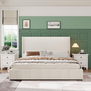 Upholstered Platform Bed Frame with Storage Drawers, Corduroy Wingback with Tufted Headboard and Footboard, No Box Spring Needed, Easy Assembly, Beige - 1 of 4