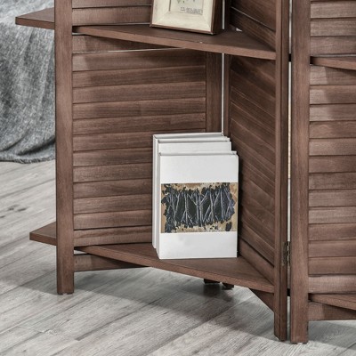 Dark Wood 4-Panel Folding Room Divider with Shelves