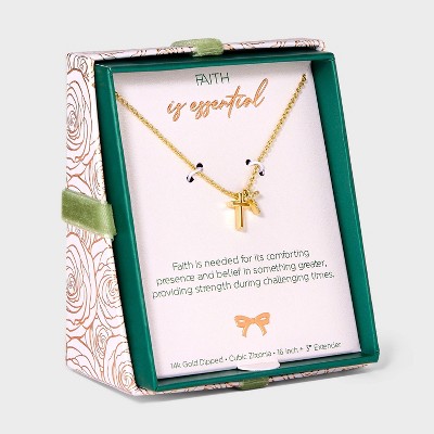 14K Gold Dipped Cubic Zirconia Double Cross Pendant Necklace - Gold