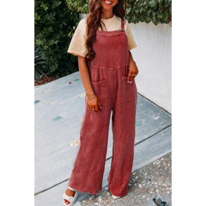 Women's Summer Fall Casual Wide Leg Long Pants Jumpsuits One Piece Sleeveless Square Neck Loose Overalls Rompers With Pockets - 1 of 4