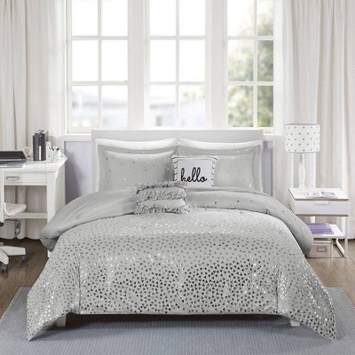 Twin Silver Microfiber 5-Piece Bedspread Set with Gathered Embellishment