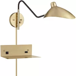 360 Lighting Modern Swing Arm Wall Lamp with USB Port Outlet Shelf Brass Black Plug-In Light Fixture Metal Shade Bedroom Bedside