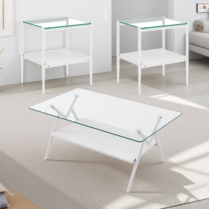 3-Piece Clear Glass Coffee Table Set with MDF Layers - 1 of 4