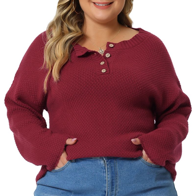 Agnes Orinda Women's Plus Size Oversized Round Neck Long Sleeve Button Knit Pullover Sweater, 1 of 6