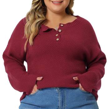 Agnes Orinda Women's Plus Size Oversized Round Neck Long Sleeve Button Knit Pullover Sweater